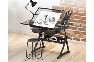 Landpink Glass Drafting Table Art Desk – Adjustable Professhional Artwork Drawing Drafting Table Desk, Glass-Topped Art Table for