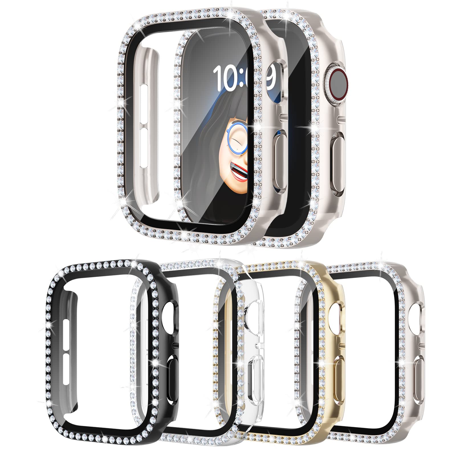 Photo 1 of Shenou 4 Pack Bling Case for Apple Watch 9/8/7 45mm, Glitter Rhinestone Diamonds Protective Case with Tempered Glass Screen Protector Cover for iWatch Series 9/8/7 45mm Women