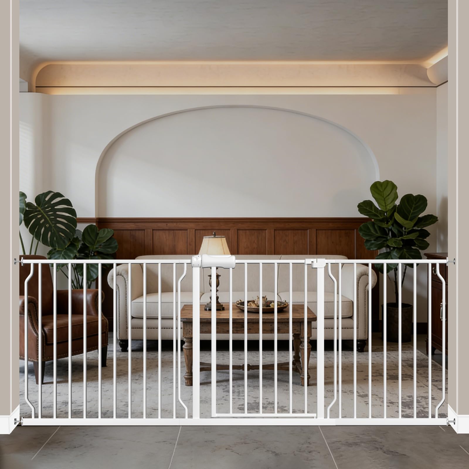 WAOWAO Baby Gate 76.38-81.07" Extra Wide Pressure Mounted Walk Through Swing Auto Close Safety White Metal Toddler Kids Child Dog Pet Puppy for Stairs,Doorways,Kitchen Image