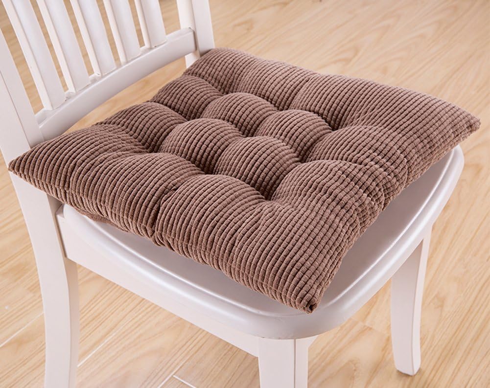 Thicken Breathable and Soft Square Corduroy Cushion with Ties Kitchen Non Slip Dinning Chair Pad Office Seat Cushion (Large, Coffee)