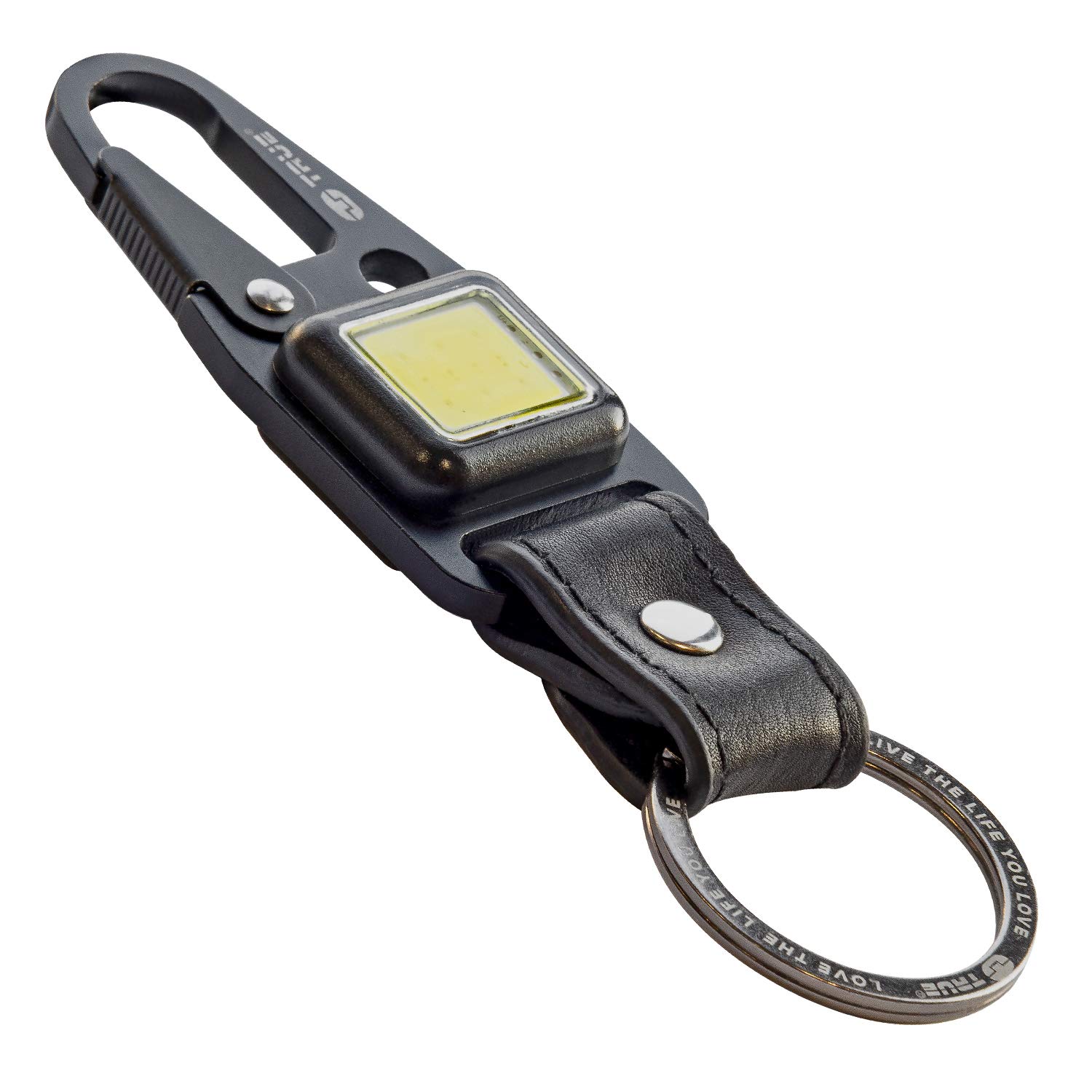 True Utility TU918 Cliplite, Rechargeable Light with Keyring Clip, Four Light Modes, Cowhide Leather, Titanium Coated Stainless Steel, One Size, Black, 11 cm