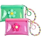 TOBETOPTOOLER 2 PCS Coin Purse Credit Card Holder Cute Small Mini Zipper Wallet for Women Girls Change Purses Money Bags Organizer Bead Chain Keychain Pouch (Flower, Pink and Green)
