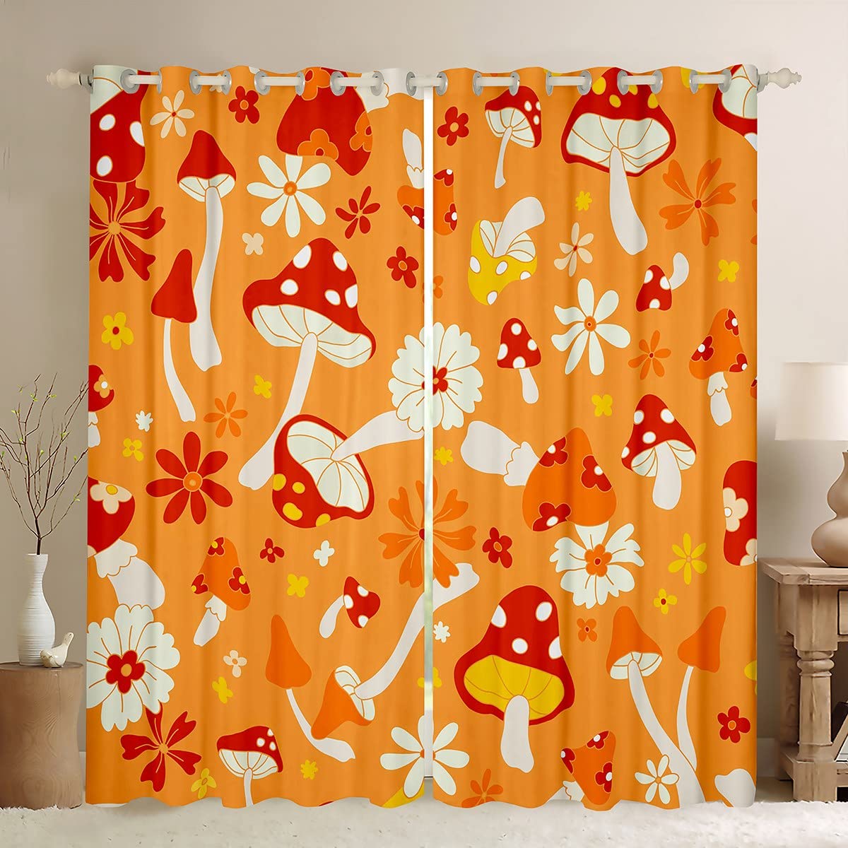 Loussiesd Retro Mushroom Window Dreapes Kids 60S 70S Groovy Curtains for Bedroom Living Room Vintage Fungus Blackout CurtainsOrange Flowers Window Treatments W46*L54