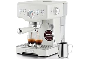 Neretva Espresso Machine, 15 Bar Espresso Coffee Machine with Visible Pressure Guage Professional Espresso Maker with Milk Frother & Stainless Steel for Home Barista Latte and Cappuccino Maker - White