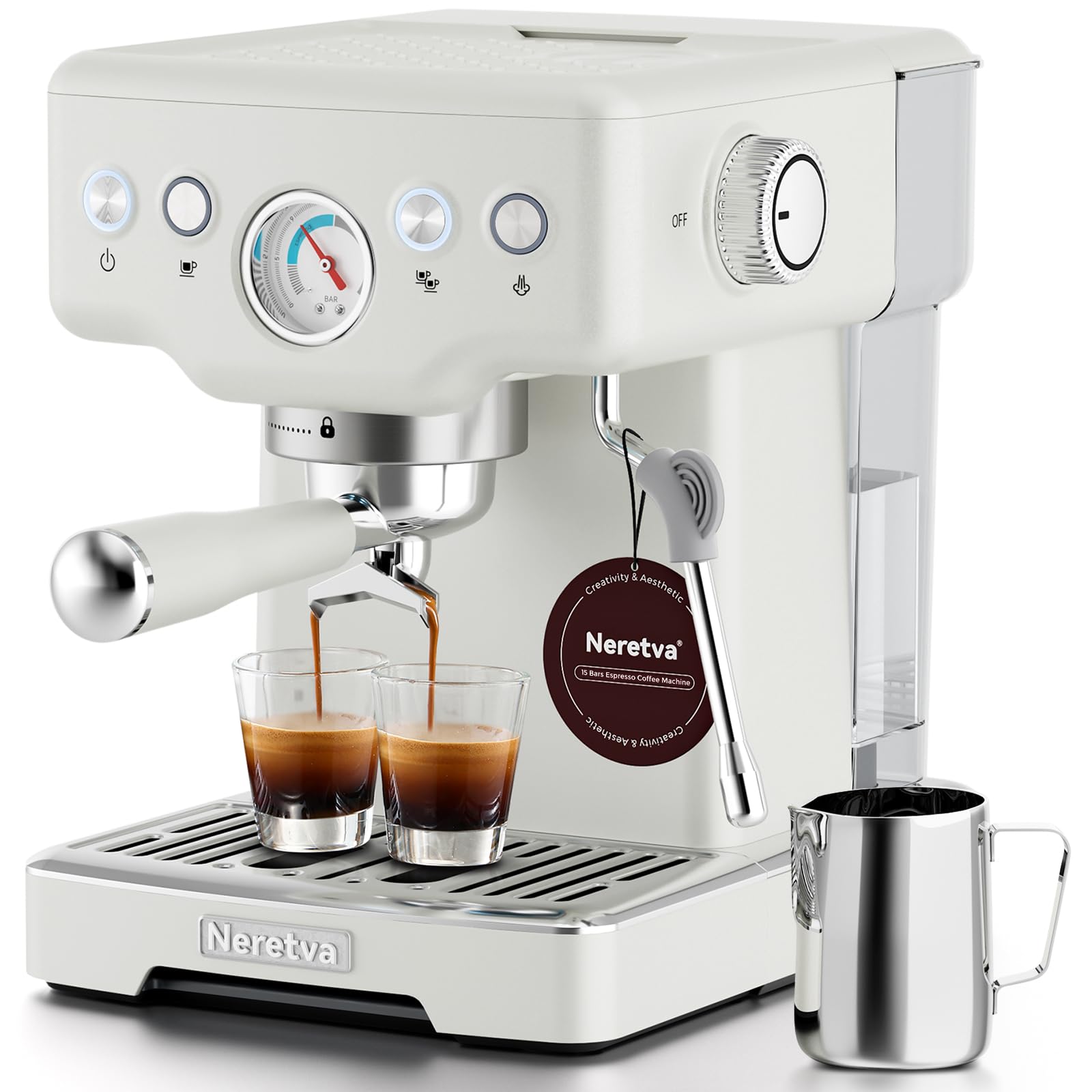 Photo 1 of (MINOR DAMAGES) Neretva Espresso Machine, 15 Bar Espresso Coffee Machine with Visible Pressure Guage Professional Espresso Maker with Milk Frother & Stainless Steel for Home Barista Latte and Cappuccino Maker - White