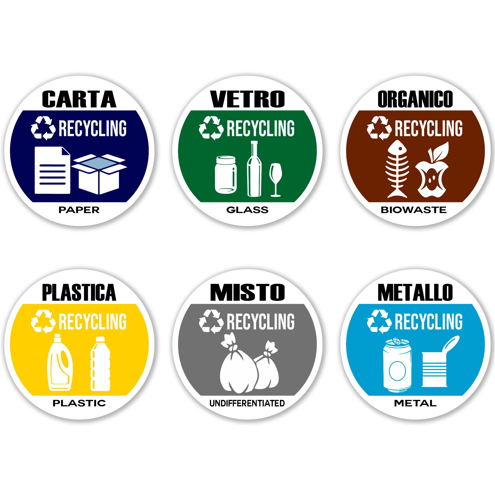 GamesMonkey ® - Stickers for waste separation Circle Recycling Garbage v1 - Waterproof washable Illustrated - English Italian - Complies with UNI 11686 (8.5 x 8.5, 6 pieces)