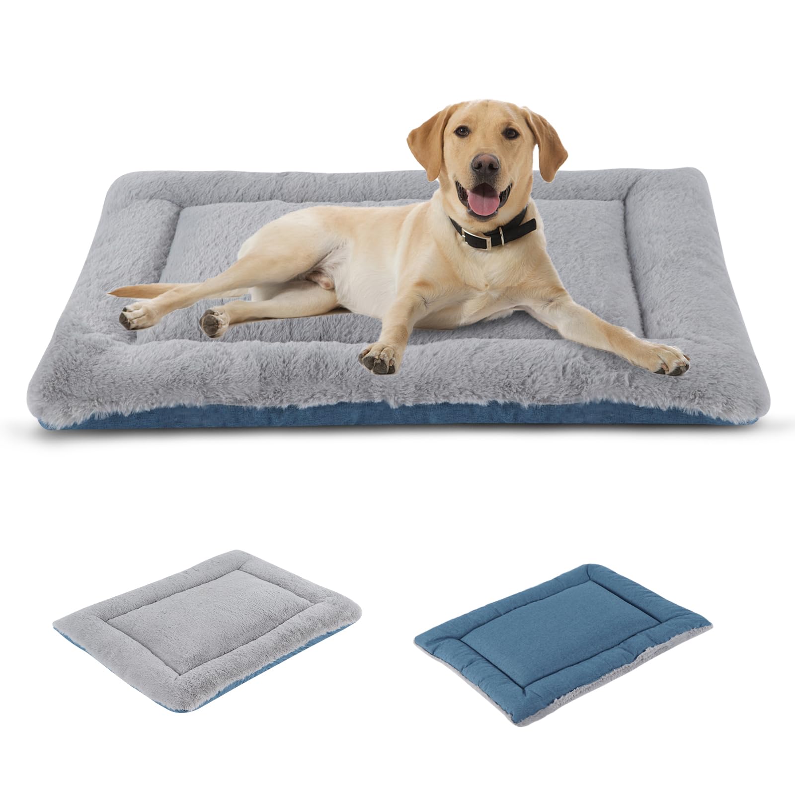IEUUMLER Dog Bed Mat, Dual Purpose Washable Cushion, Soft Premium Plush Dog Crate Mat, Mattress for Small/Medium/Large Dogs and Cats FC014 (Grey and Blue, XL(106 * 71cm)) — image 1
