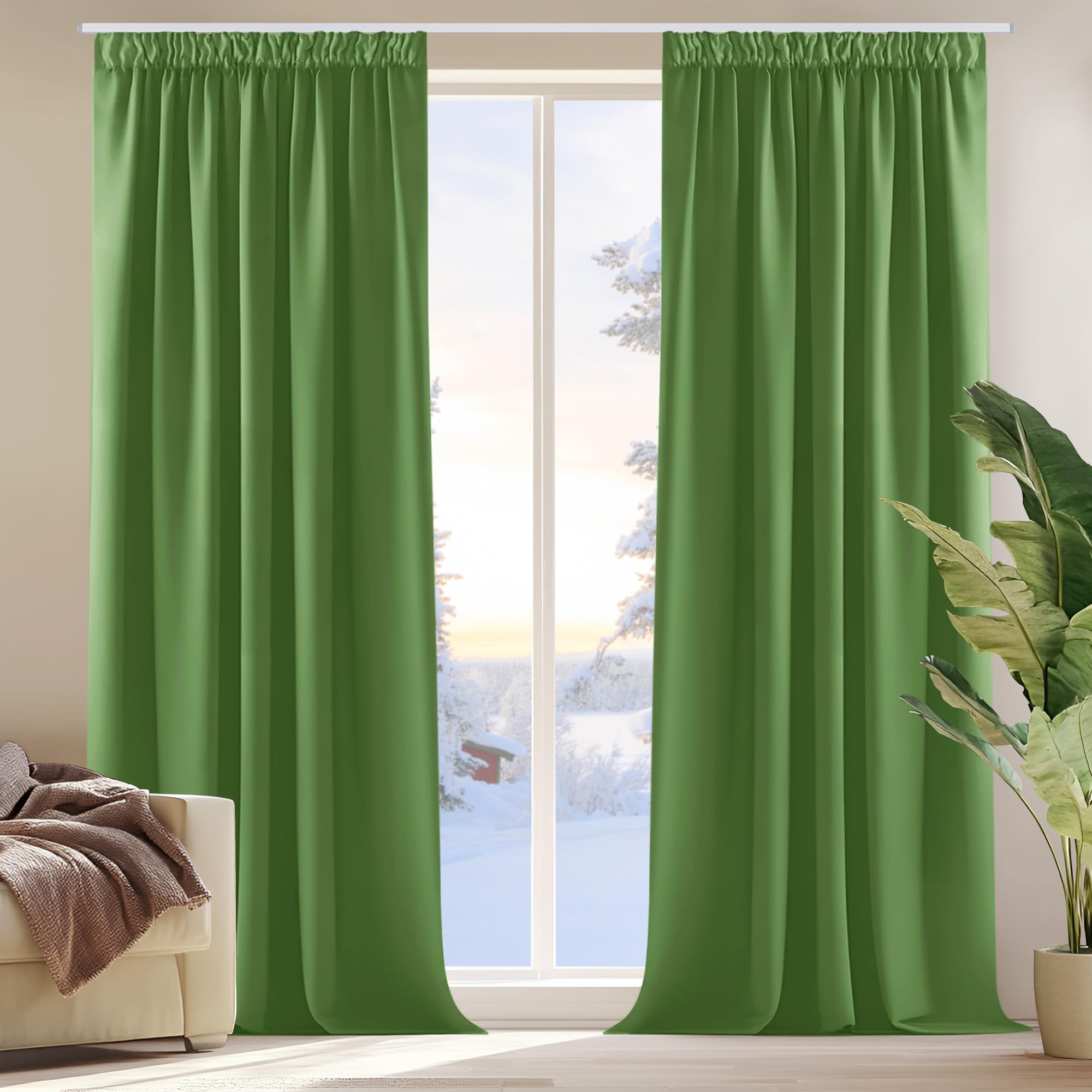 Deconovo Bedroom Curtains - Thermal Insulated Blackout Pencil Pleat Curtains, Green, W55 x L87 Inch 1 Pair