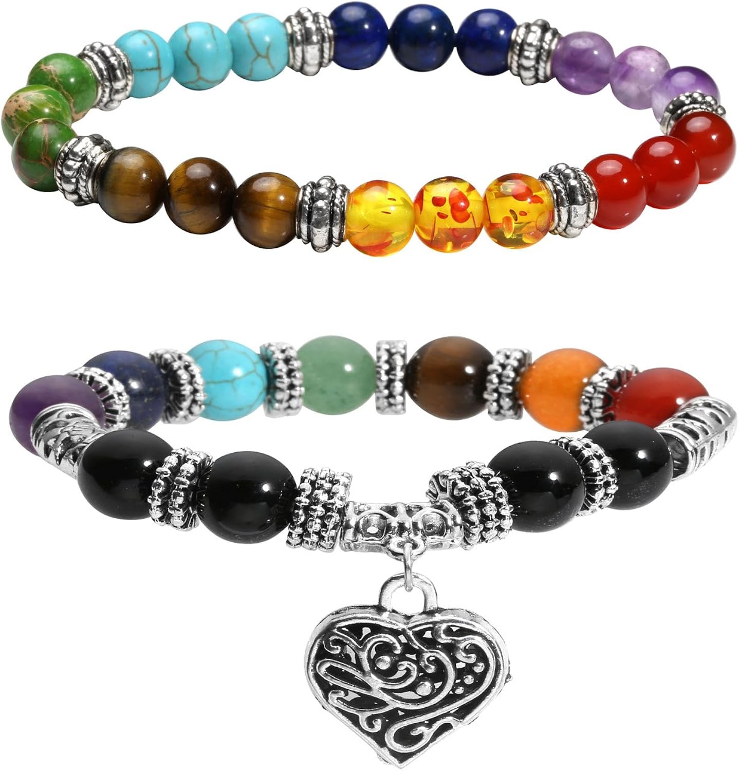 MILAKOO 2 Pcs 10MM Beads Yoga Reiki Healing Bracelet 7 Chakra Beads Hollow Heart Charm Wristband, A: 7 Chakra & Heart, 7.5 inches