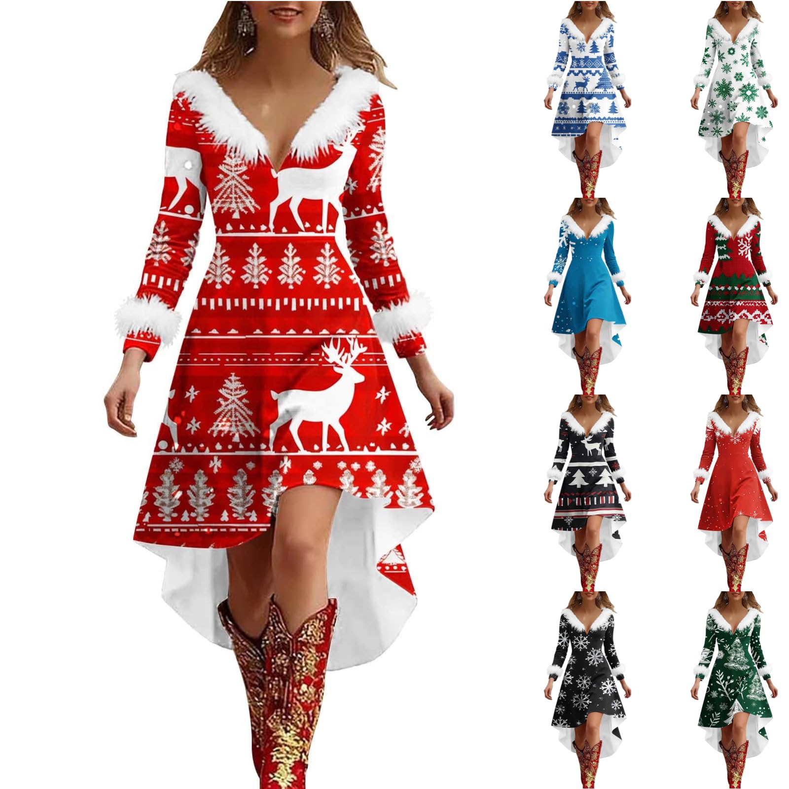 Christmas Dresses for Women Fur V Neck Flowy Dress Cute Christmas Graphic Dresses Plus Size Long Sleeve Dress Multicolor