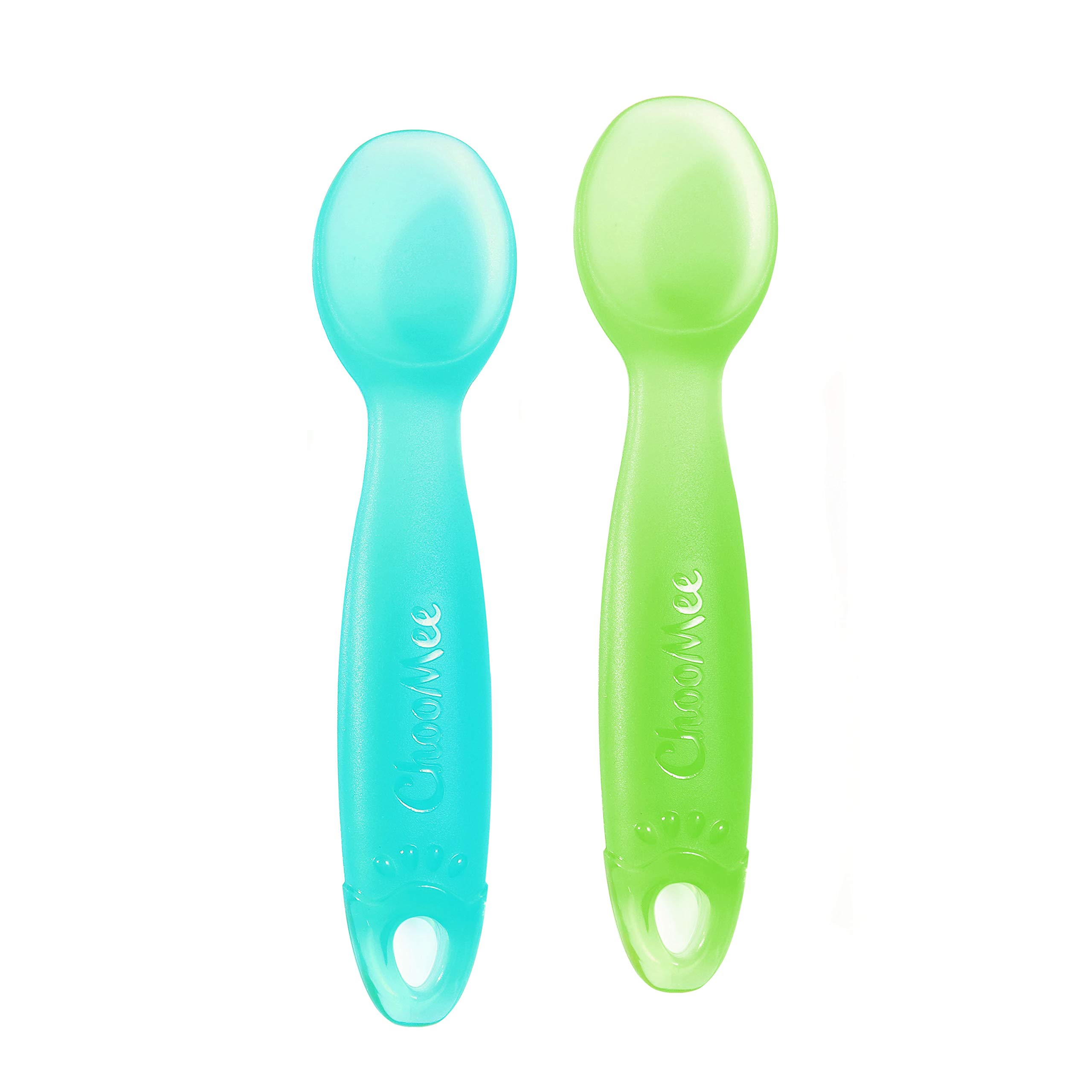 ChooMee Baby Spoons, FirstSpoon | Baby Led Weaning | Scoop and Catch Tiny Bites | Pediatrician Approved Stage One Learning Utensil, 100% Silicone Chew Friendly Material, BPA Free | 2 CT | Aqua Green