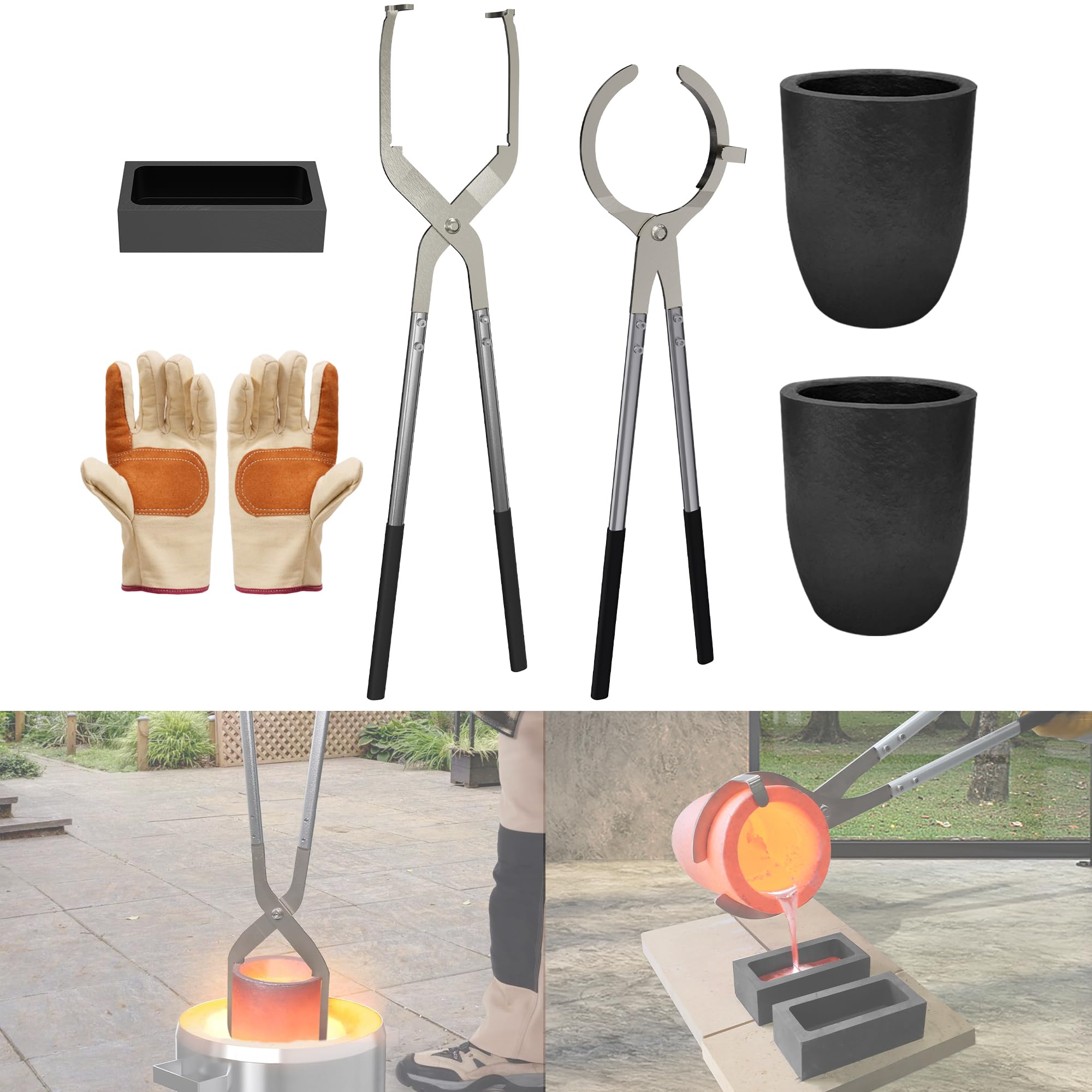 Photo 1 of Nelyrho #10-12kg Crucible Tongs Set Pro with 2 Graphite Crucibles 10kg, 2 Crucible Tongs, Graphite Ingot Mold and Gloves, for Casting Metal