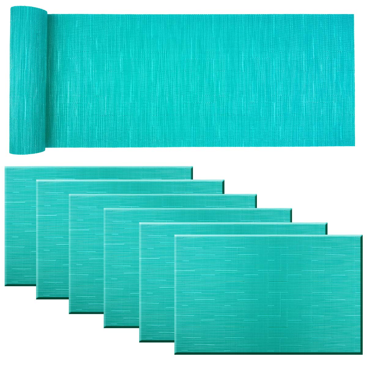 BECHEN Durable Placemat Set of 6 Matching with 1 Table Runner,Cross-Weave Heat Resistant Placemat Washable Plastic Table Mats Sets (Cyan Blue)