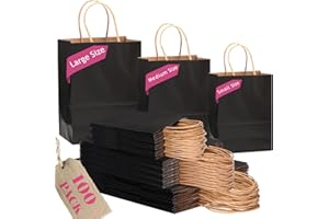 qiqee Black Paper Gift Bags with Handles Bulk 100PCS Assorted Sizes(33 Large, 33 Medium, 34 Small)