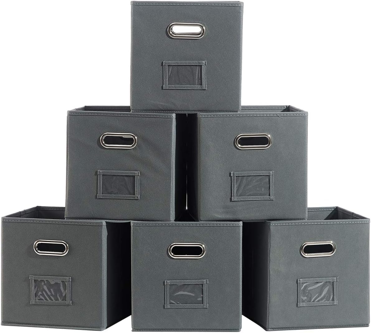 SHACO Durable Double Metal Handle with Label Holder Cloth Storage Cubes, Silver Gray Foldable Cube Storage Bin(6 Packs)