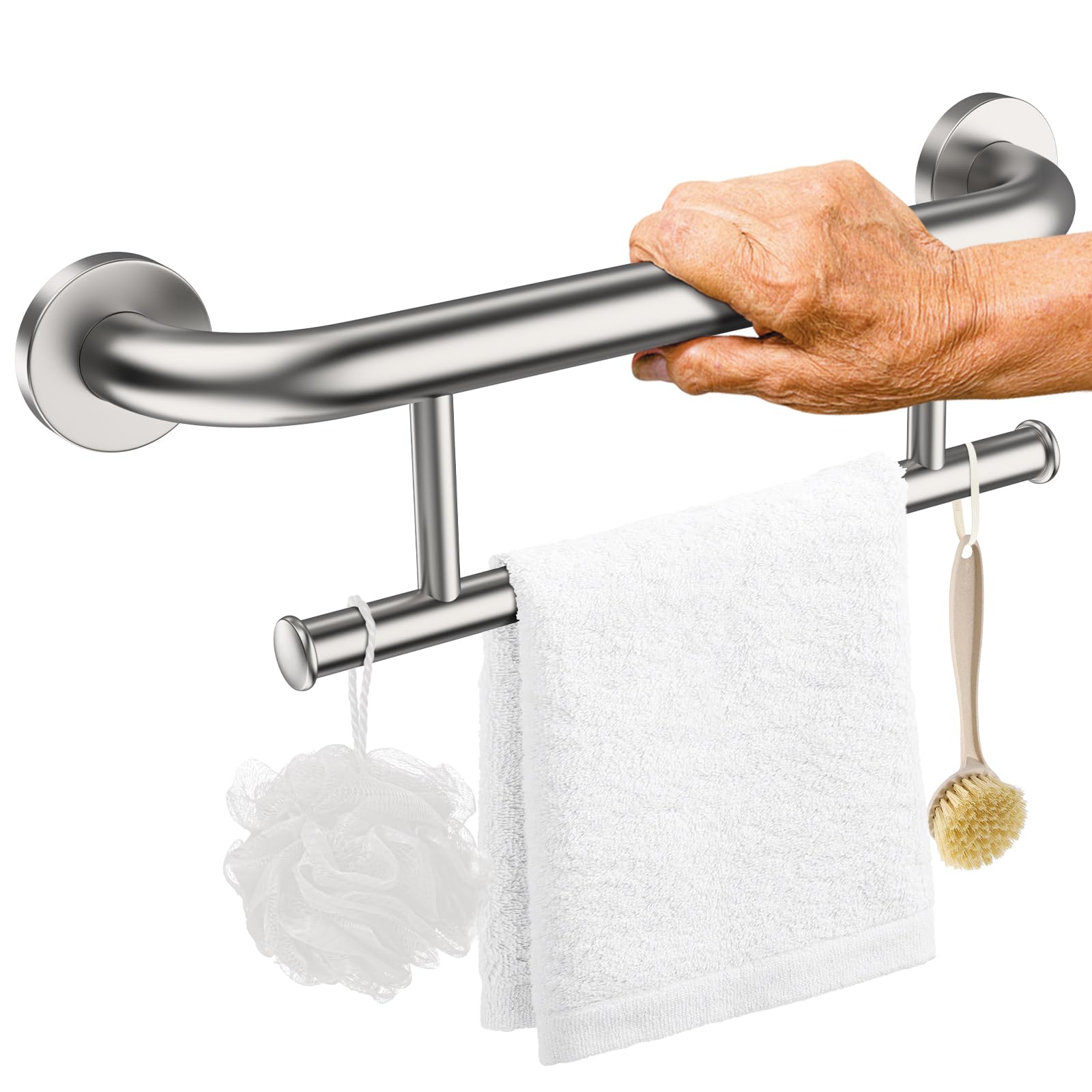 Photo 1 of Brushed Nickel Grab Bar 17 Inch w/Towel Holder, iHansee Stainless Steel Shower Towel Bar Bathroom Balanced Support Handle, Wall Mount Safety Handrail Grab Rail for Elderly Senior Handicap Disabled