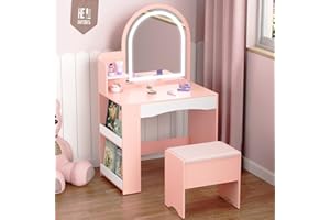 Qifeila Kids Vanity with Lights, Princess Kids Vanity Table and Chair Set with Open Bookshelf, Shelves, 2 in 1 Toddler Vanity Table & Stool Set with Lighted Mirror for Little Girls (Pink)