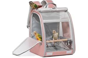 UOOPET Bird Carrier Backpack, Portable Travel Bird Cage with Standing Perch, 2 Feeder Cups, Iron Mesh Stand & Removable Tray Lightweight, Breathable Mesh Window for Parrot Carrier，Easy Clean (Pink)