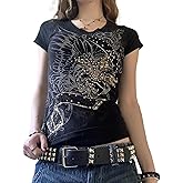 Grunge Shirts 2000s Clothing Women Vintage Graphic Tees Y2k Short Sleeve Goth Tops Teens Emo Clothes Streetwear