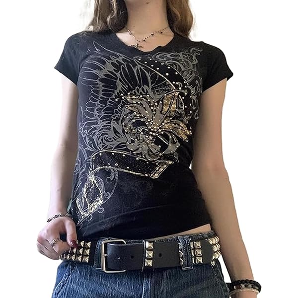 Women Gothic Striped Tees Y2k Fairy Grunge Emo Clothes Aesthetic