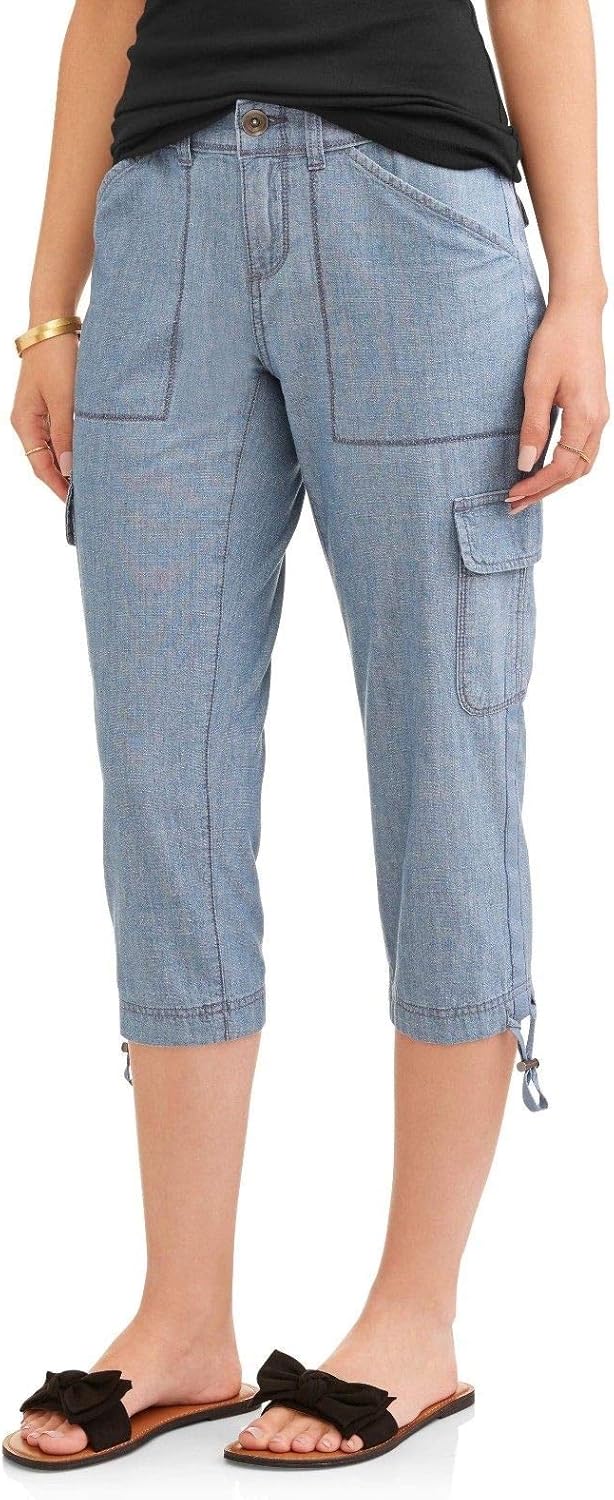 Time and Tru Women's 100% Cotton Chambray Blue Denim Cargo Capri Pants Jeans (12) at Amazon 