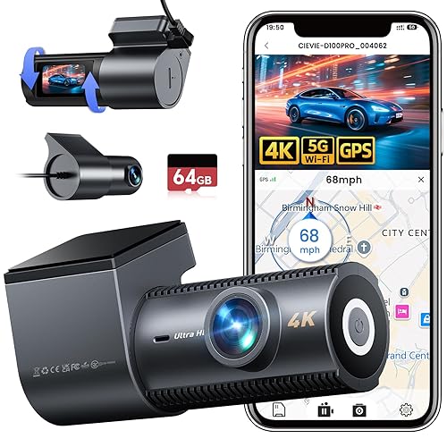 CIEVIE 4K Dash Cam Front and Rear, 5GHz WiFi Dashcam with GPS, 64GB SD Card, 1.5" IPS Screen Car Camera with 24H Parking Mode, WDR, Night Vision, 170° Wide Angle, G-Sensor, Loop Recording, App Control