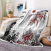 Japanese Cherry Blossom Throw Blankets, Asian Japanese Throw Flannel Blankets for Couch & Bed, Mount Red Sun Super Soft & Warm Blankets, Plush Cozy Fuzzy Blanket 60"x70"