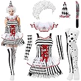 Newcotte 7 Pcs Women Halloween Scary Costume Set Clown Costume Clown Dress Wig Stockings Plastic Sword Hat