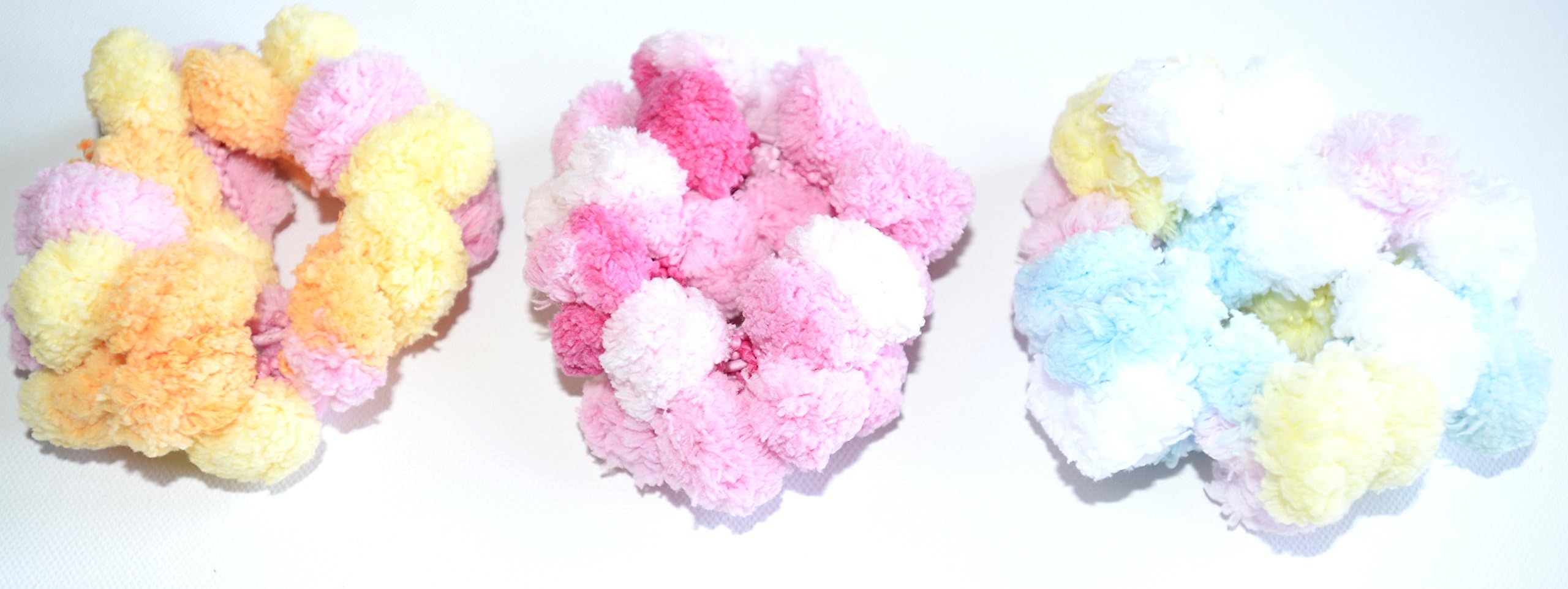 Crochet Pattern colourful cotton balls Hair Scrunchies(set of 3), cute and cool, fashionable and trendy(pom pom moko moko style fluffy scrunchies), medium size