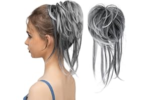 CJL HAIR Messy Bun Hair Piece Curly Hair Bun Extensions with Straight Tails Synthetic Hair Scrunchies Ponytail Hairpieces for Women Black mix Gray and White Tips