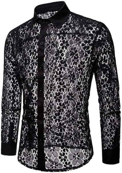 Amazon C1605ワイシャツ メンズyシャツ 白レースワイシャツ Yシャツ長袖 ホストシャツ 演出 舞台衣装 ステージ衣装 無地 シースルー セクシー 黒 ブラック ホワイト トップス メンズ シャツ 通販