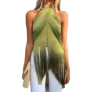 Womens Green Shimmer Fringe Tops Halter Sleeveless Cross Neck Sparkly Flapper Style Party Clubbing Tops for Women