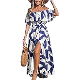 CUPSHE Women Ruffle Floral Maxi Summer Dress Off Shoulder Short Sleeve Backless Flounce Bodice Slit Hem Beach Dresses
