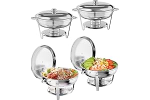 Chafing Dish Buffet Set 4 Pack, 5QT Round Stainless Steel Chafers with Lid Holder, Food Warmers for Buffet, Catering, Wedding