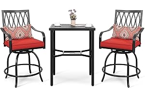 NUU GARDEN 3 Piece Swivel Bar Sets with Padded Cushions and Extra Pillows, High Bistro Sets with 2 Outdoor Bar Stools and 1 Square Bar Table, for Patio, Garden, Backyard, Black & Red