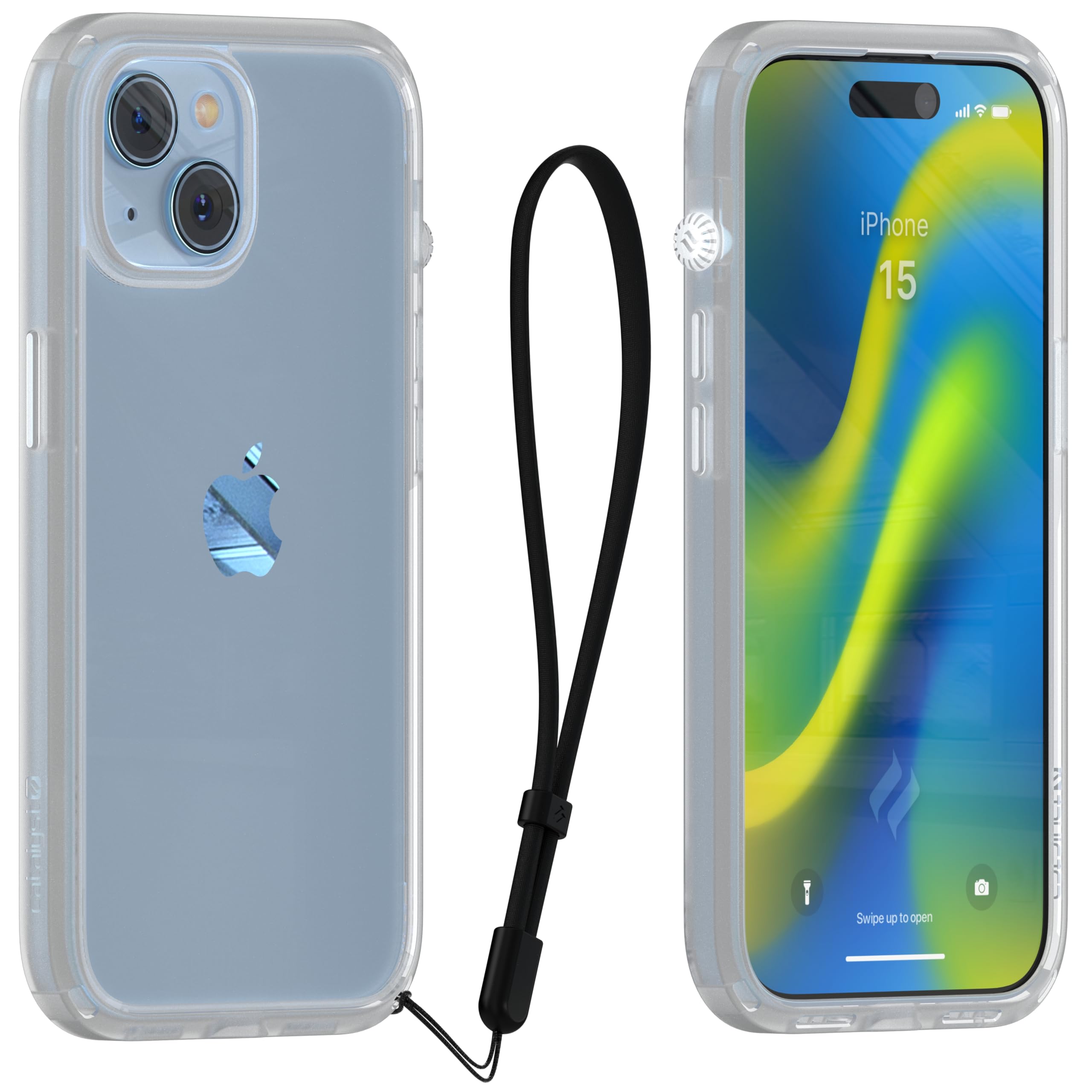 Catalyst Influence Case for iPhone 15, 2.5X Higher Drop Proof, Non-Slip Frosted Edges and Crystal clear back, Raised Edges Protection, 30% Louder Forward Audio, Lanyard Included - Frosted and Clear