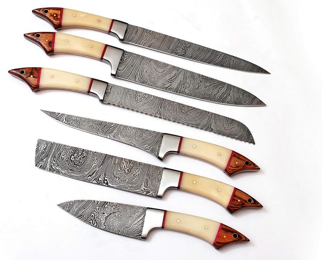 Amazon Com Custom Made Damascus Steel Kitchen Chef S Knife Set With Leather Roll Bag Dr 1061 B 6 Kitchen Dining