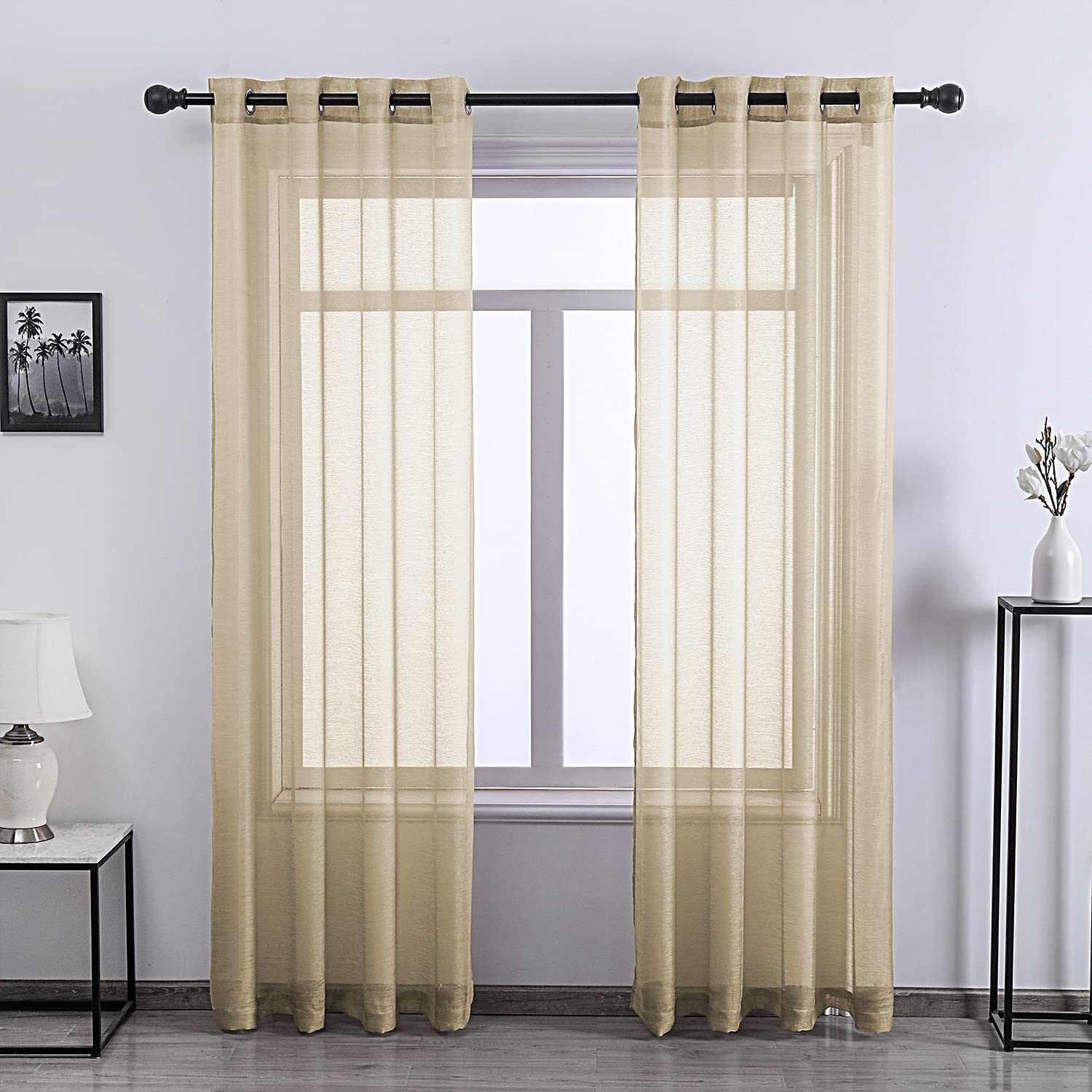 Taupe Sheer Window Panel Curtains -Luxury Soft Grommet Top Gauzy Sheer Drapes Lightweight Breathable Panels for Windows (Tan,2 Pack,52 Wide x 84 inch Long)