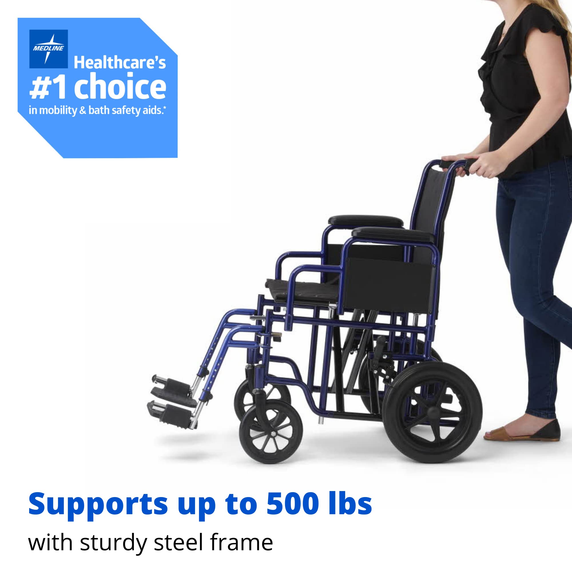 Medline Heavy Duty Transport Chair supports up to 500 lbs., Bariatric Transport Wheelchair, 22