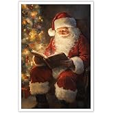 Vintage Christmas Poster Santa Claus Reading Book Wall Art Canvas Prints Painting Cottagecore Posters Academia Christmas Decor Winter Xmas Holiday Home Living Room Decoration 8x12inch Unframed