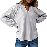 Fisoew Womens Oversized Long Sleeve Shirt Casual Waffle Knit Tunic Tops Lace Patchwork Pullover Sweatshirt