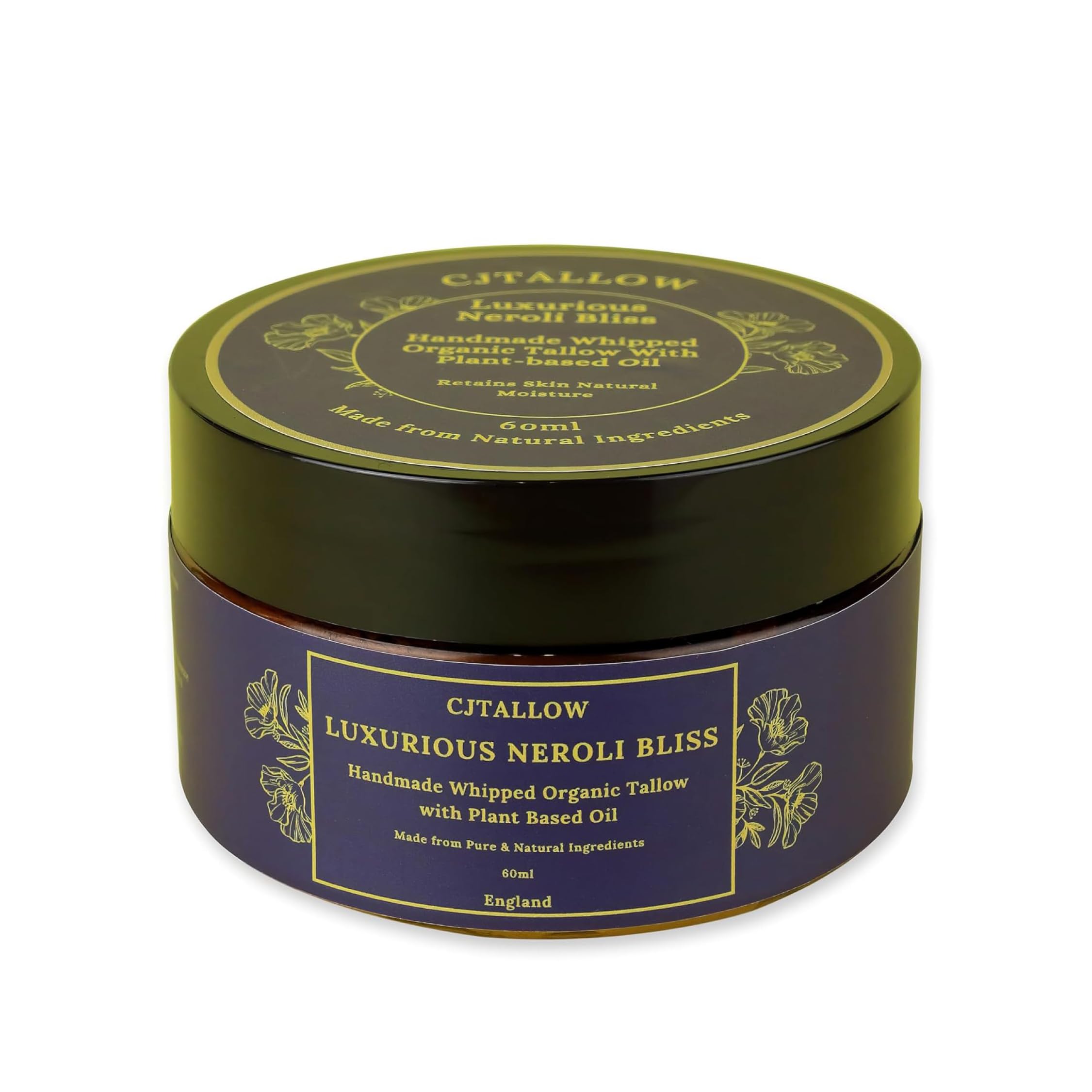 Beef Tallow Whipped Cream Moisturiser – Neroli Essential Oil, Rosehip Oil, Jojoba Oil & Vitamin A,D,E,K | Face & Body | 100% Organic Grass Fed Tallow | Made in Hampshire UK by (CJ TALLOW) Net Wt 60ml