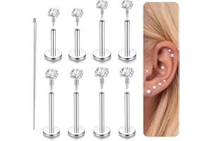 PATISORNA 14K Gold Plated Flat Back Stud Earrings - 316L Surgical Steel Internal Thread CZ Stud Piercing Jewelry for Tragus H