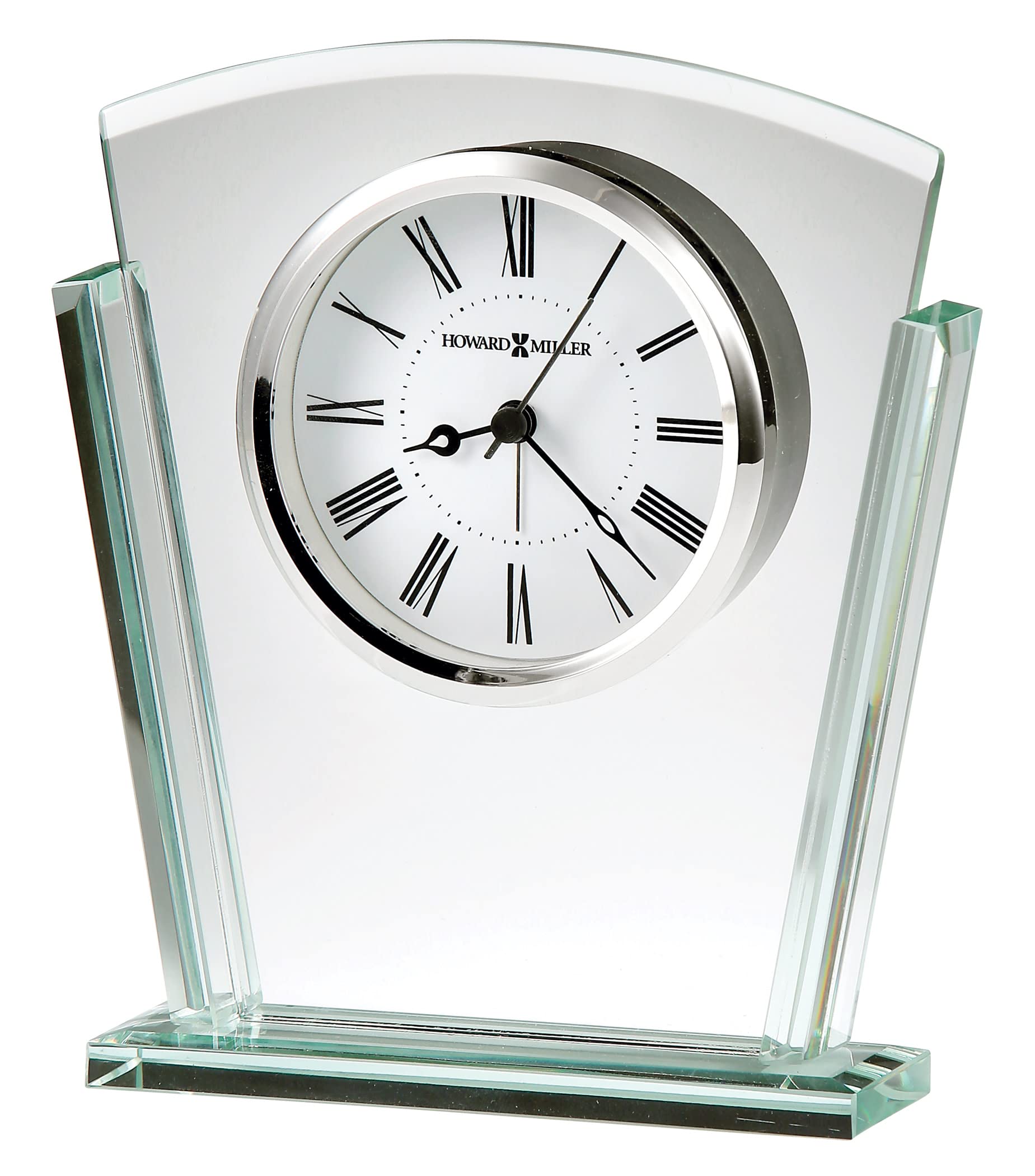 Howard Miller Granby Table Clock 645-781 – Jade Glass, Curved Top & Tapered Sides, Beveled Base, Black & Silver Accents, Modern Home Decor, Quartz Alarm Movement