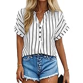 Dokotoo Women’s Summer Short Batwing Sleeve Button Shirts Business Casual Striped Color Block V Neck Lightweight Tops Blouses