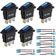 12v Rocker Switch Waterproof 5 PCS - 12 Volt Toggle Switch with 3 20cm Detachable Wires, SPST 3 Pin On Off Switches Snap-in Design Square Switch with Blue LED Light for Car Boat Marine RV Truck KCD3