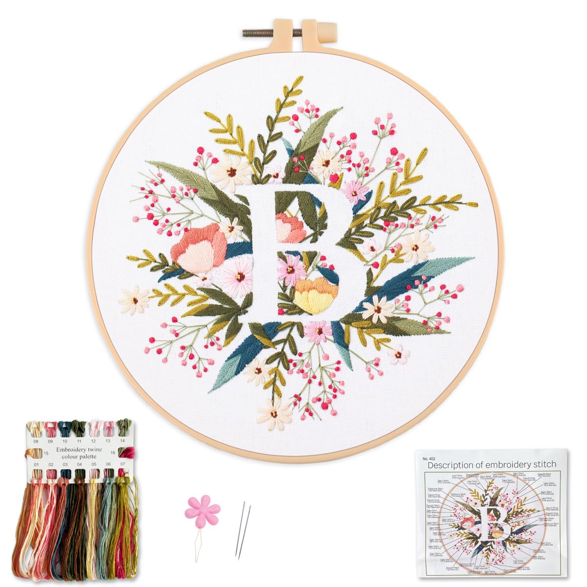 Myfelicity Embroidery Kit for Beginners and Adults, Floral and Lettering Design (B)