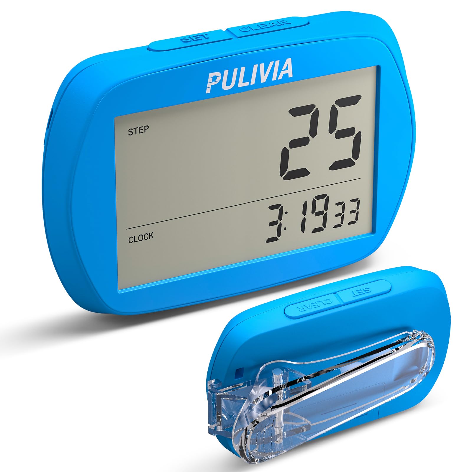 PULIVIA Pedometer for Walking 3D Step Counter with Clock, Simple Operation Portable Steps Tracker with Clip Lanyard, Blue
