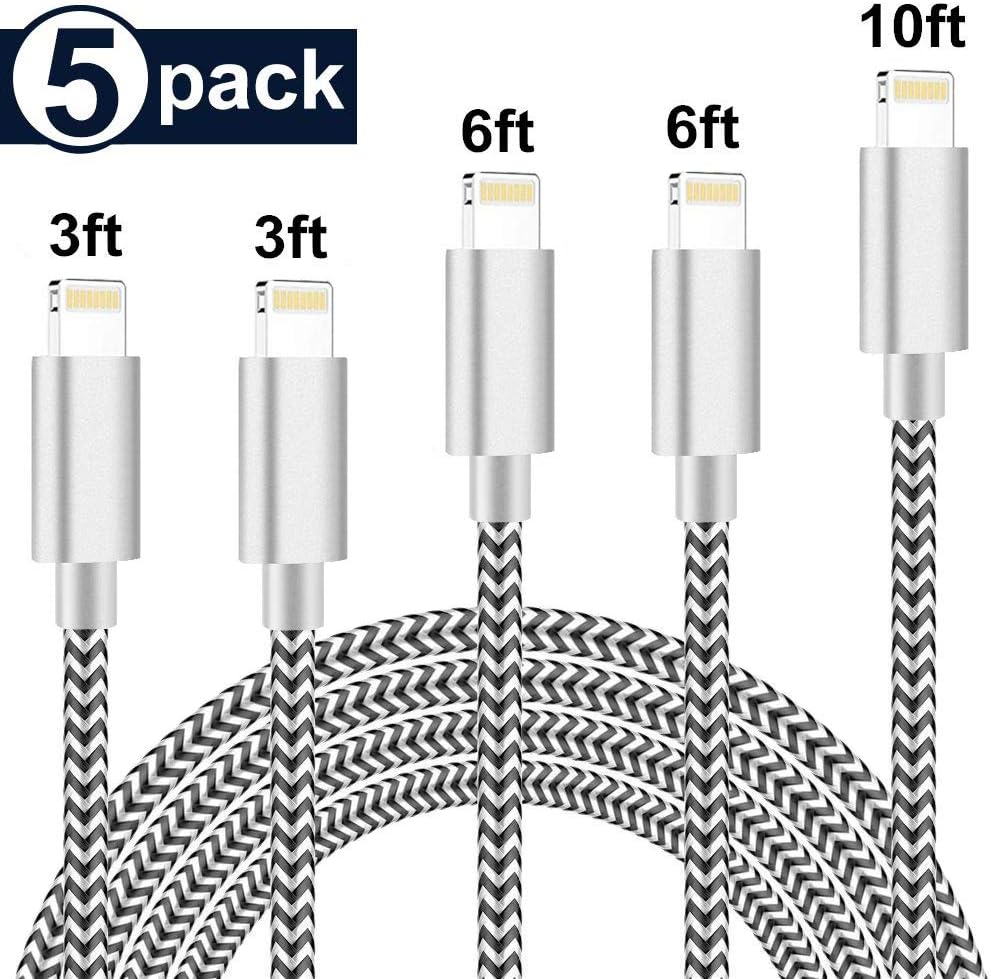 Sharllen iPhone Charger MFi Certified Lightning Cable [5Pack,3/3/6/6/10FT] Nylon Braided USB Charging & Syncing Cord iPhone Charger Compatible iPhone Xs/MAX/XR/X/8/8P/7/7P/6/iPad/iPod(Black&White)