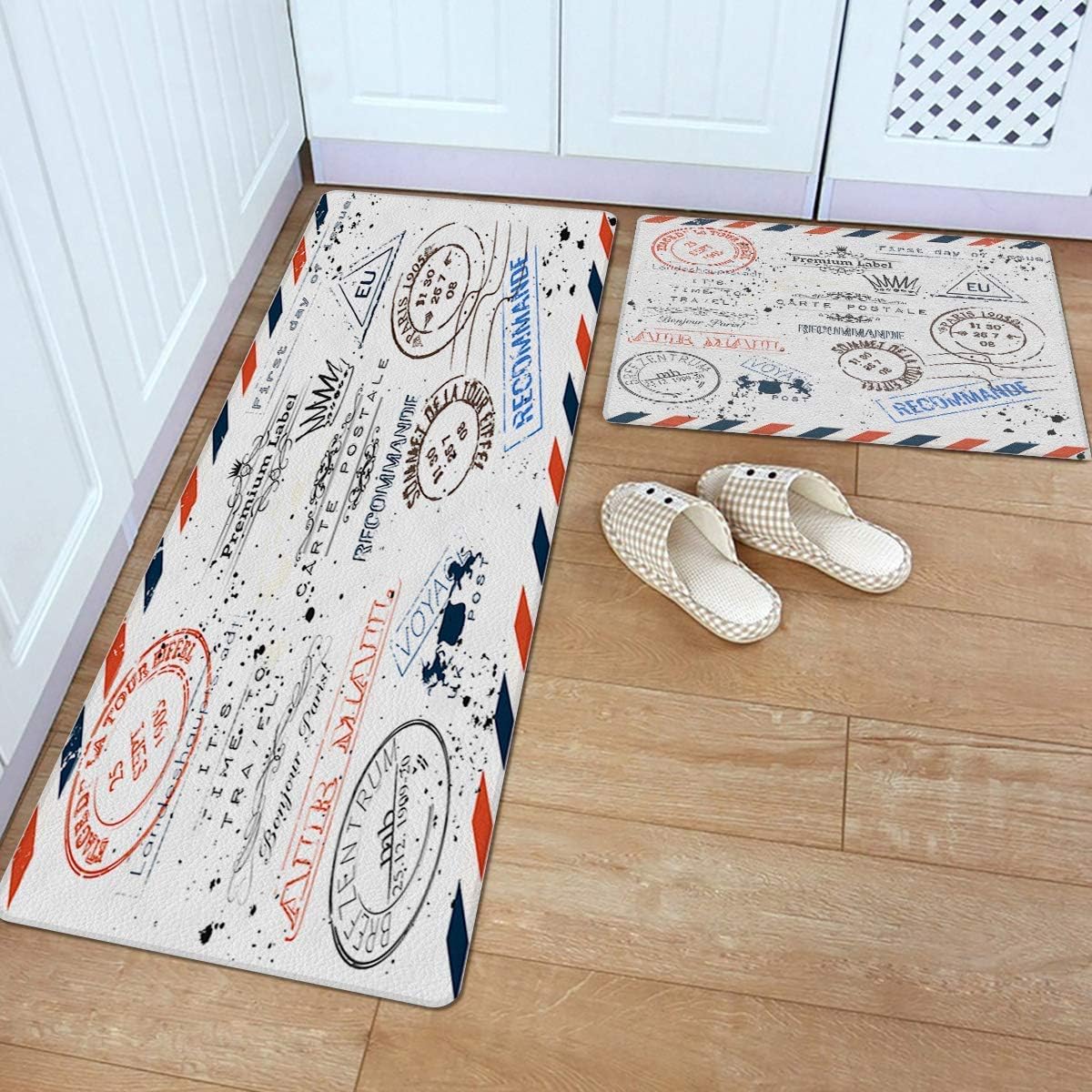 KRWHTS Kitchen Mat Set 2 PCS 16X24in(40x60cm)+16X48in(40x120cm) Vintage Travel Stamp Throw Rugs Non-Slip All-Purpose Carpet for Bedroom Kitchen Home Decorate
